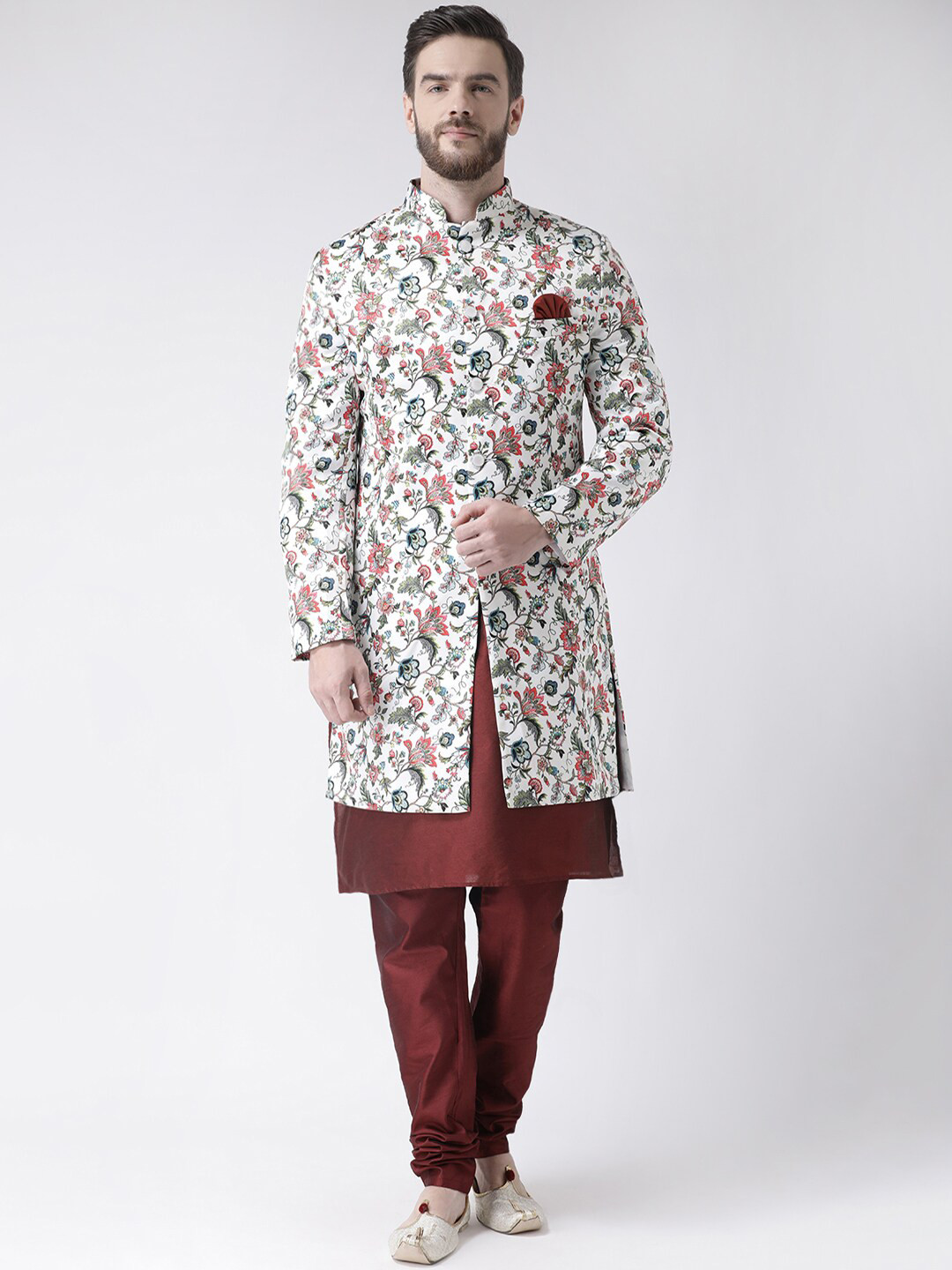 

hangup trend Men White Printed Silk Sherwani Set
