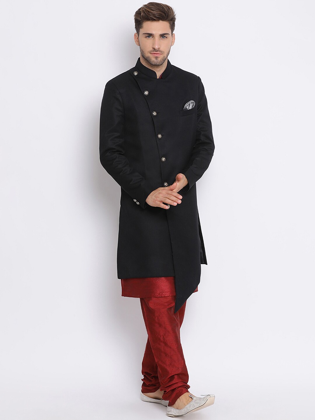 

hangup trend Men Black & Maroon Solid Kurta Pyjama Sherwani Set