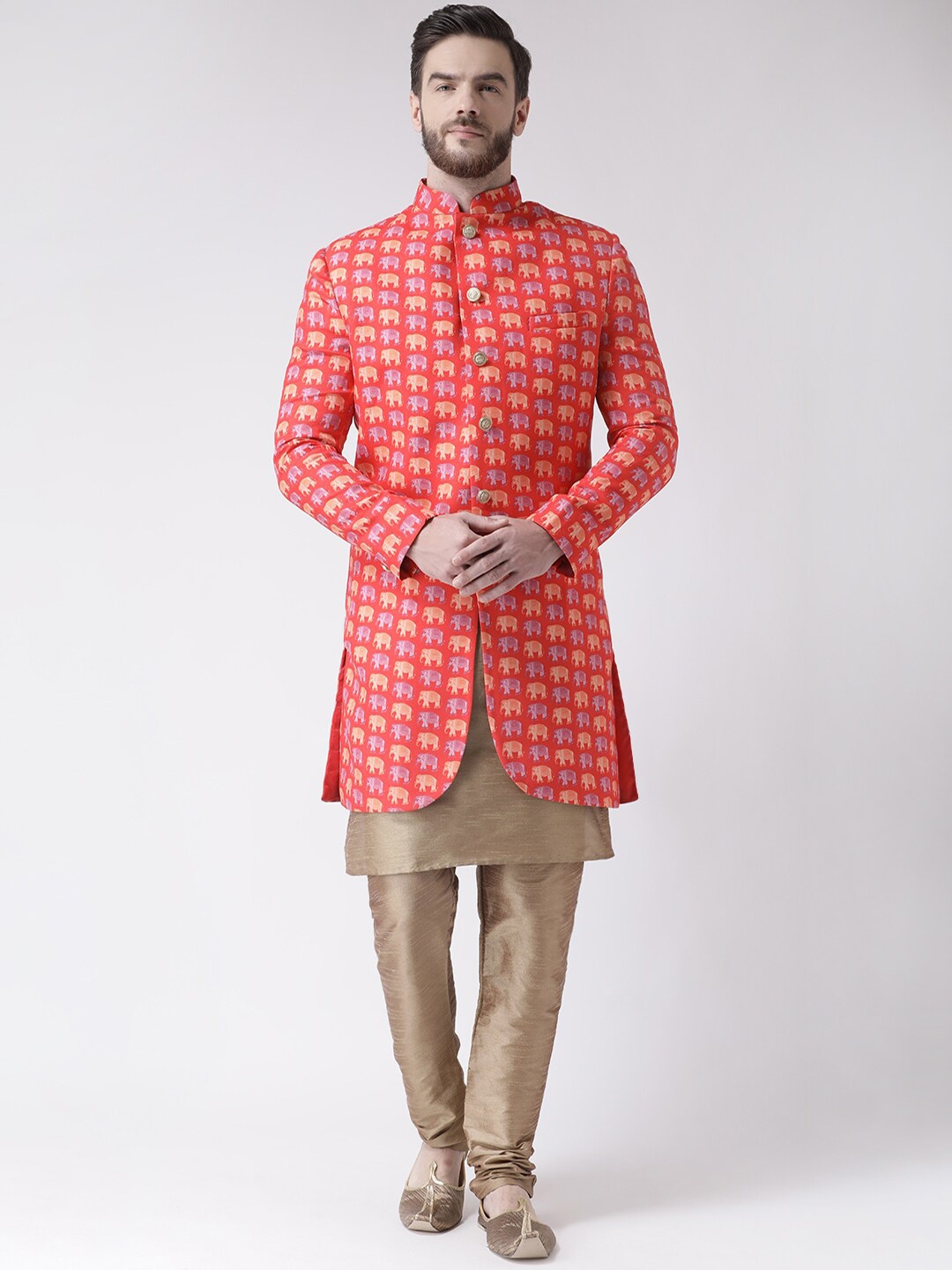 

hangup trend Men Orange & Gold-Toned Printed Sherwani