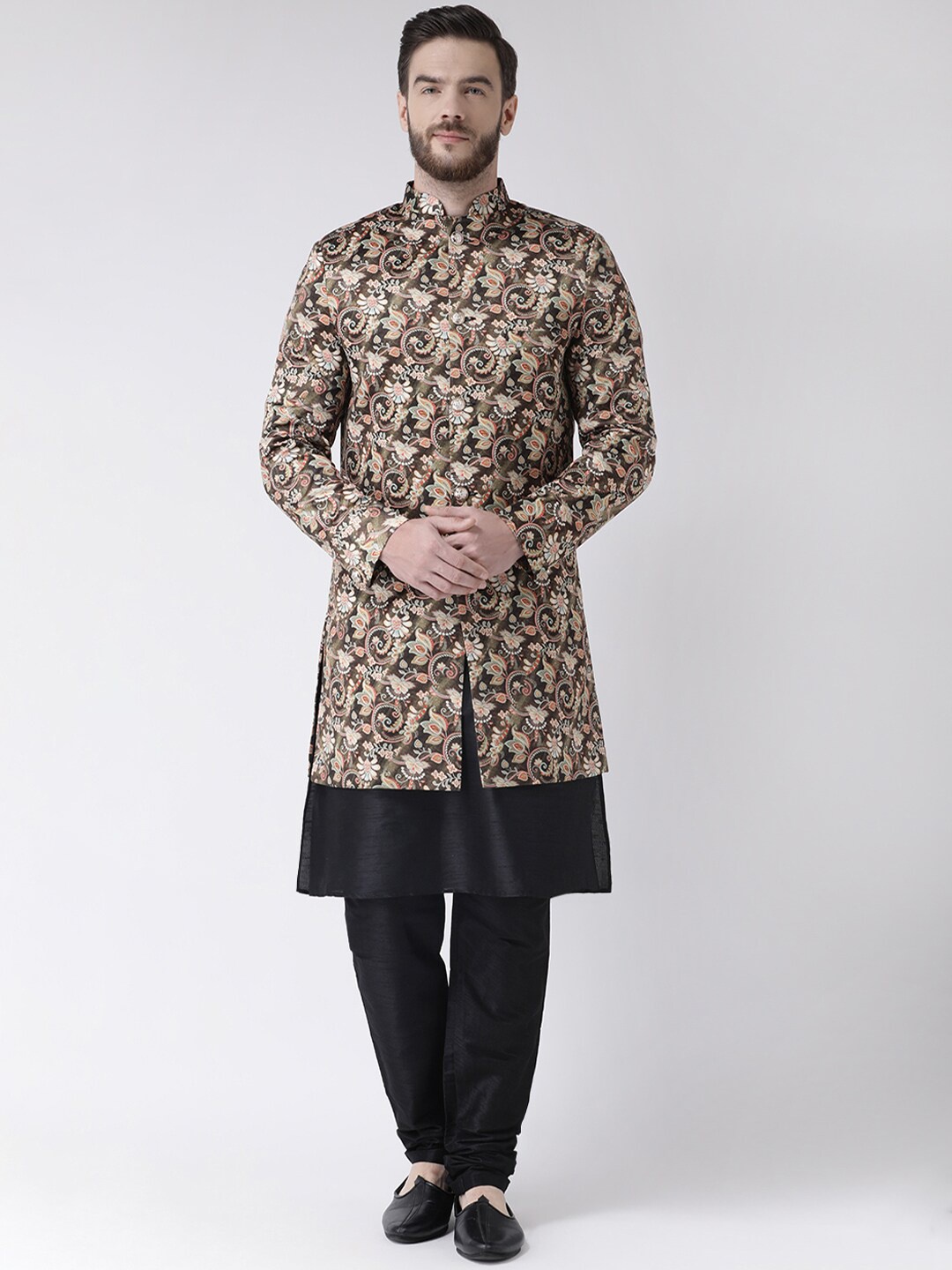 

hangup trend Men Olive Green & Black Printed Sherwani
