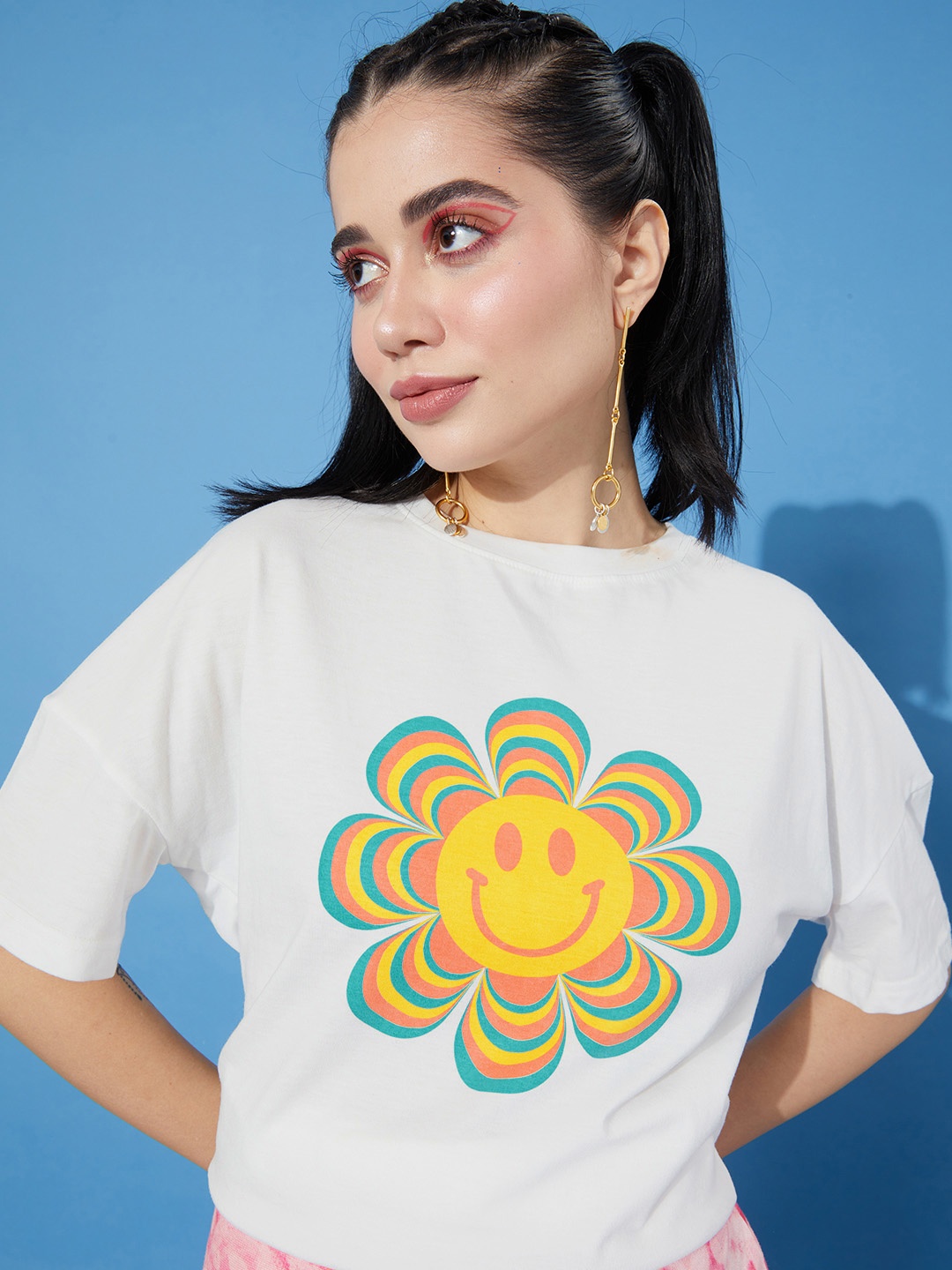 

Moda Rapido Women White Printed Drop-Shoulder Sleeves T-shirt