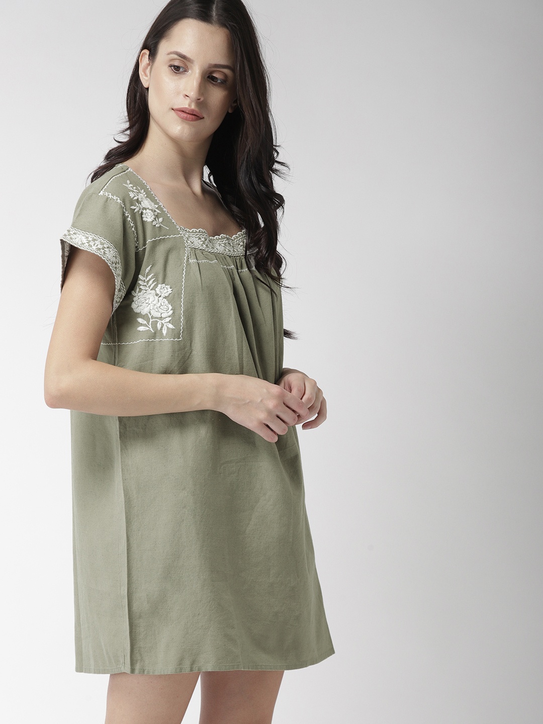 

FOREVER 21 Women Olive Green Solid A-Line Dress