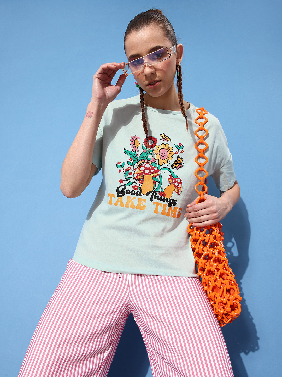 

Moda Rapido Women Graphic Printed Drop-Shoulder Retro Optimism Seriously Silly T-shirt, Green