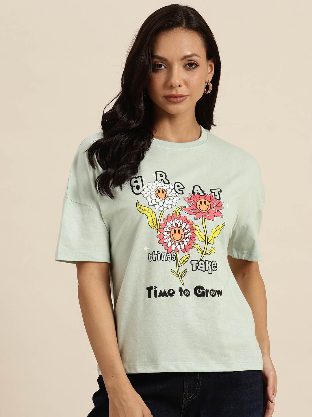 

Moda Rapido Printed Drop-Shoulder Sleeves Regular T-shirt, Green