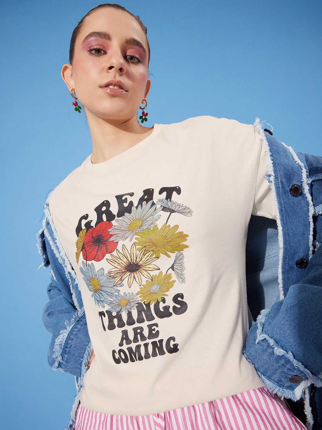

Moda Rapido Women Graphic Printed Drop-Shoulder Retro Optimism Seriously Silly T-shirt, Cream