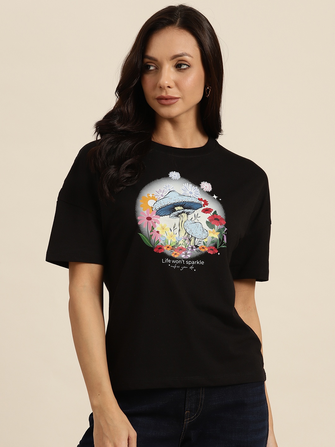 

Moda Rapido Printed Drop-Shoulder Sleeves Regular T-shirt, Black