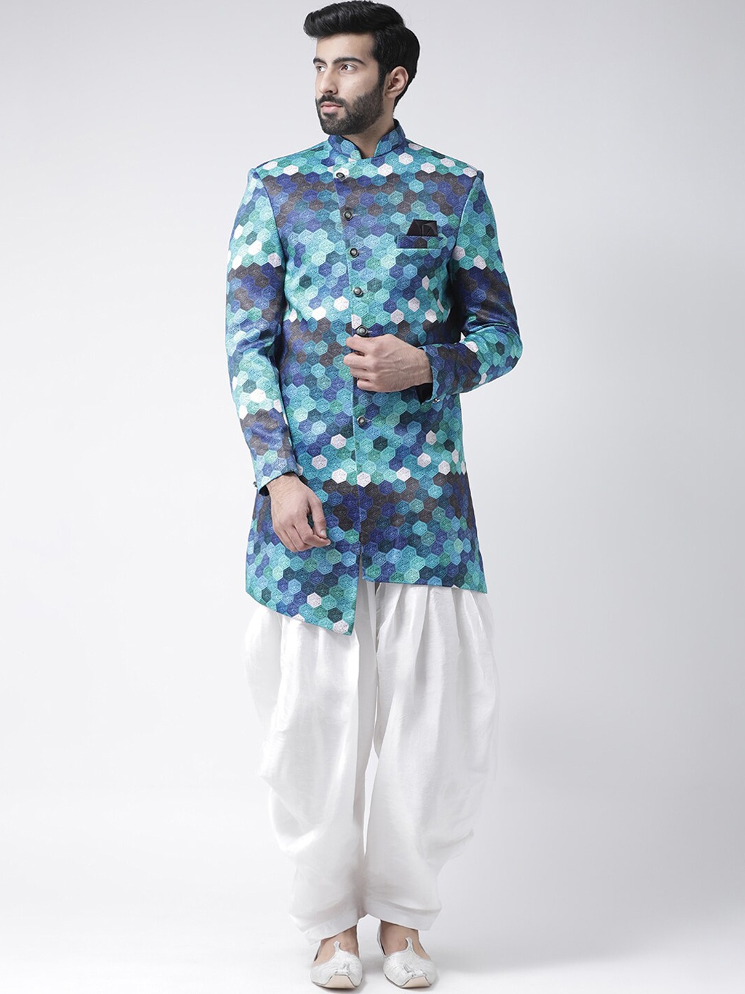 

hangup trend Men White & Blue Floral Printed Sherwani Set