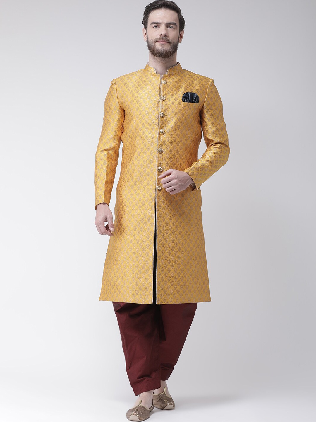 

hangup trend Men Yellow & Maroon Red Woven Design Sherwani Set