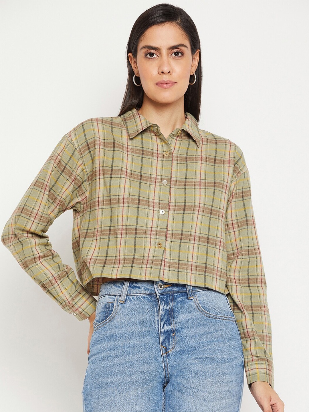 

Madame Women Green Tartan Checks Checked Casual Shirt