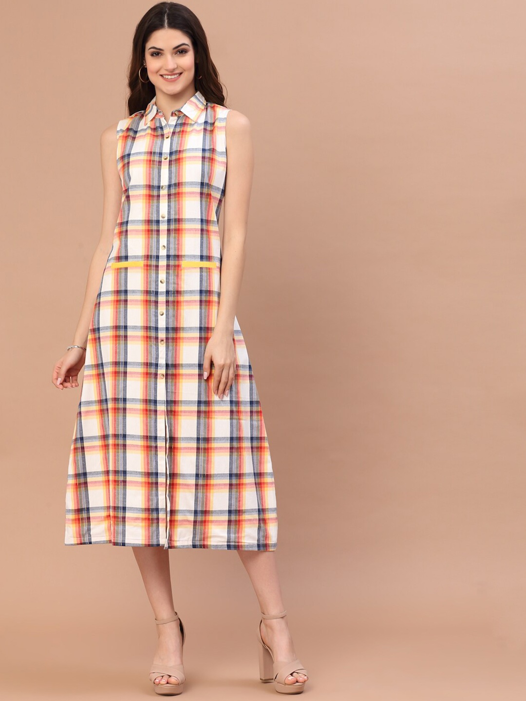 

Wool Trees Women White & Yellow Checked Shirt Midi Cotton Dress