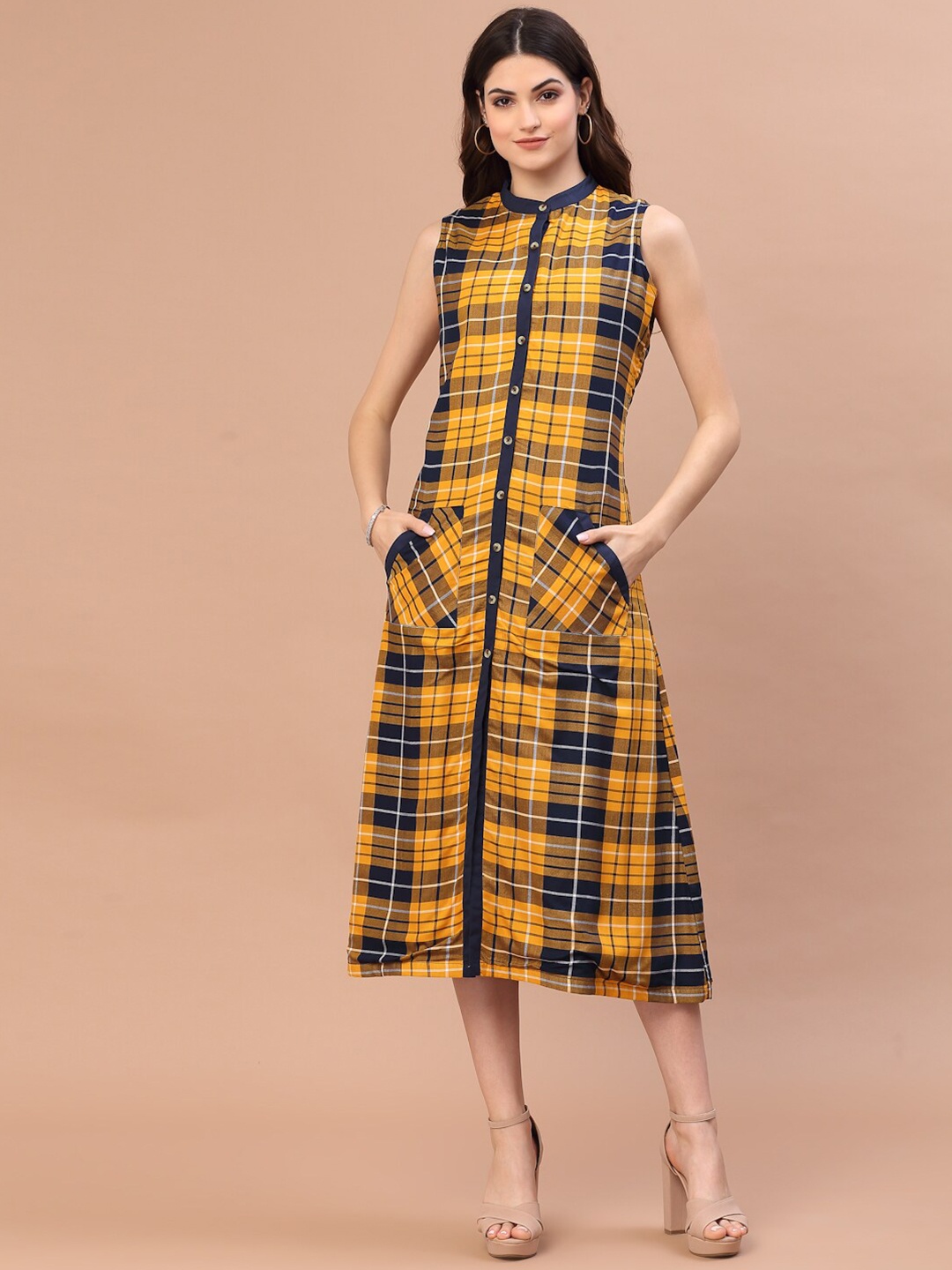 

Wool Trees Women Yellow & Blue Checked Shirt Midi Cotton Dress