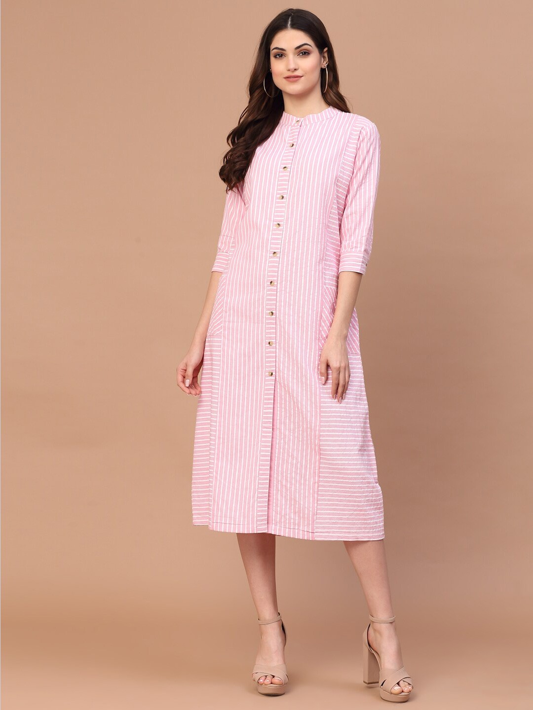 

Wool Trees Women Pink Striped A-Line Midi Cotton Dress