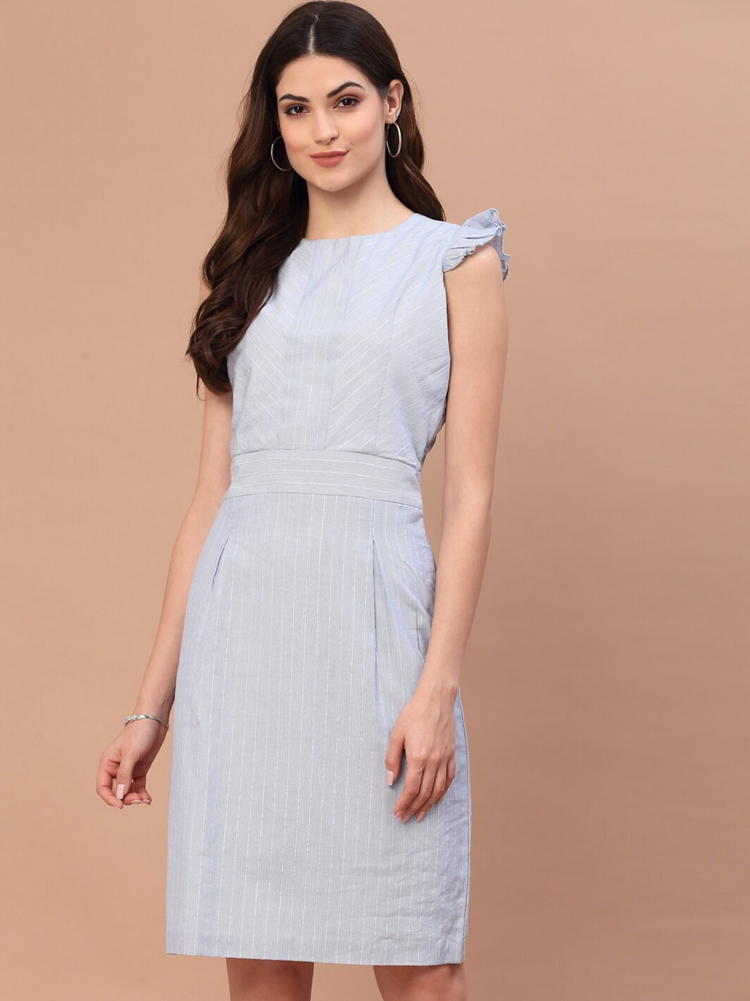 

Wool Trees Women Blue Striped Cotton Sheath Dress