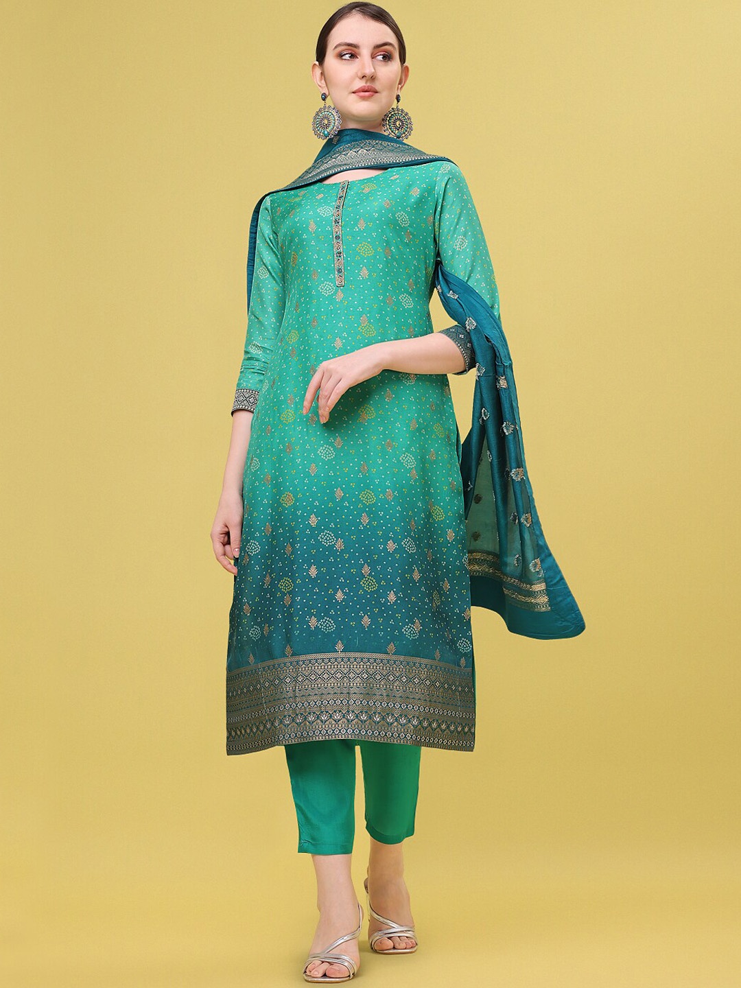 

Seerat Women Sea Green Ethnic Motifs Jacqured Printed Kurta With Trousers & Dupatta