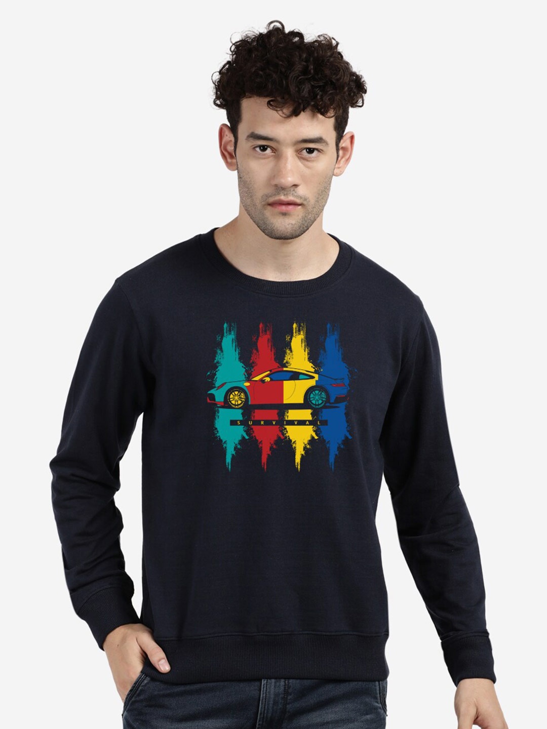 

BLACK RADIO Men Navy Blue Printed Pure Cotton Sweatshirt