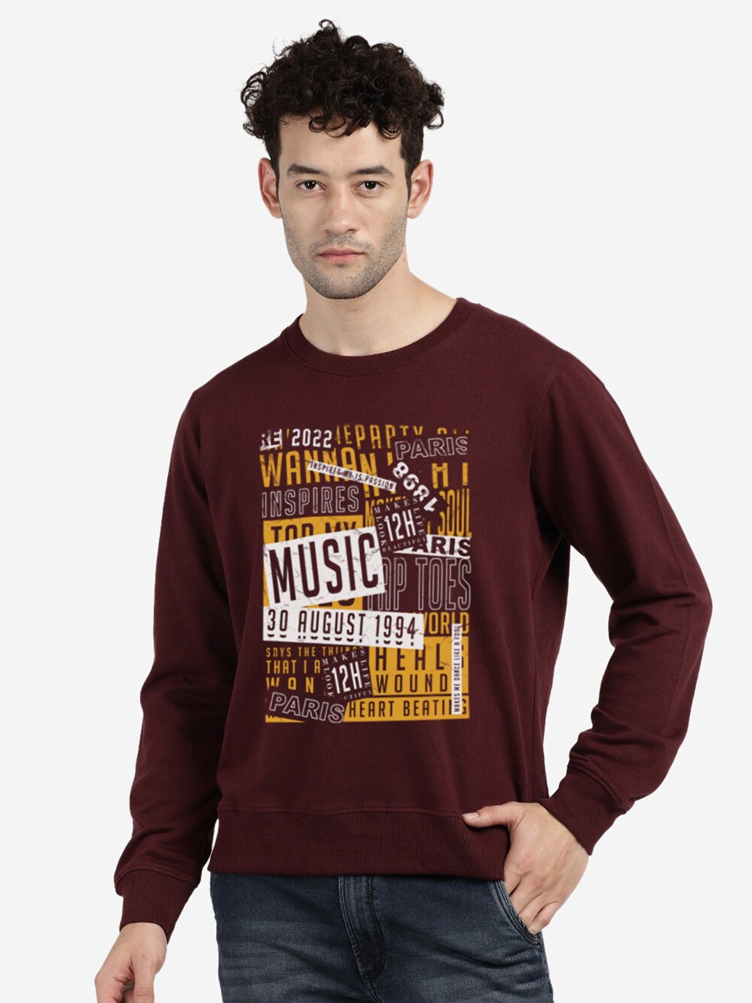 

BLACK RADIO Men Maroon Printed Pure Cotton Sweatshirt