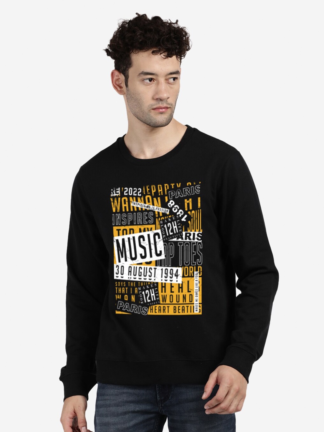 

BLACK RADIO Men Black Printed Pure Cotton Sweatshirt