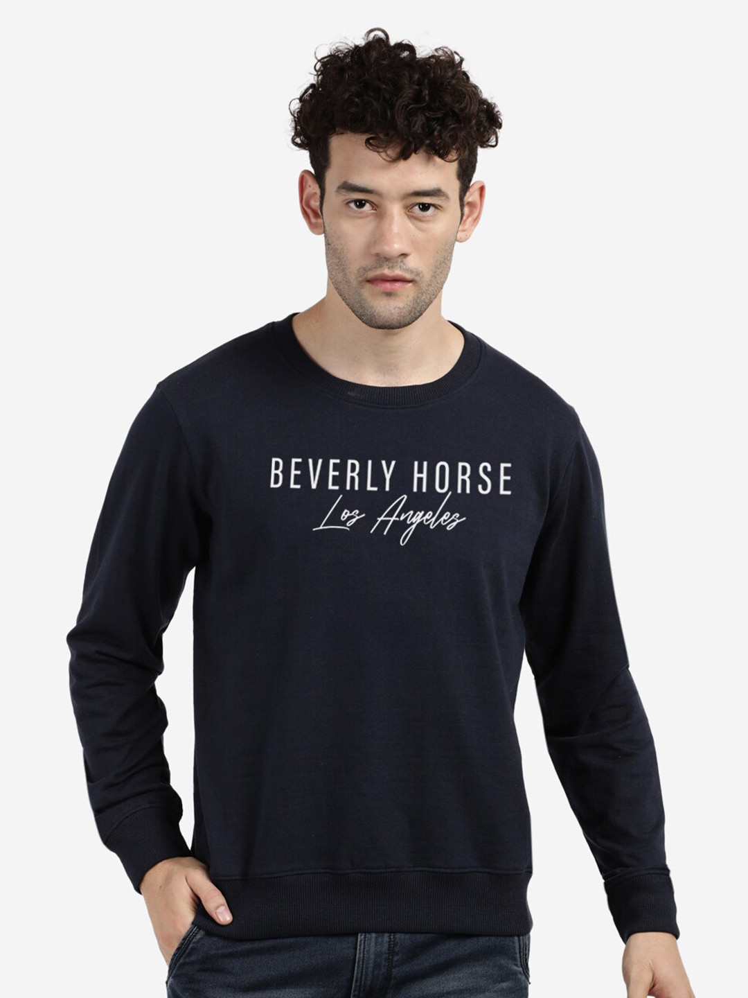

BLACK RADIO Men Navy Blue Printed Pure Cotton Sweatshirt