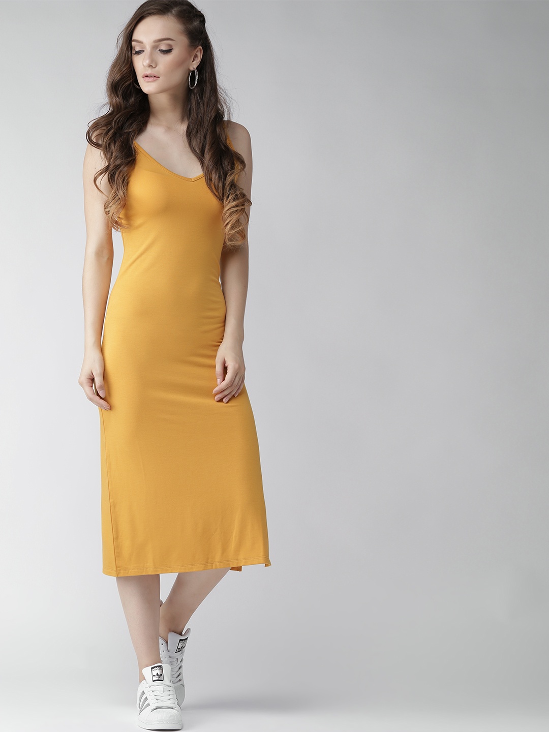 

FOREVER 21 Women Mustard Yellow Solid Midi Shift Dress