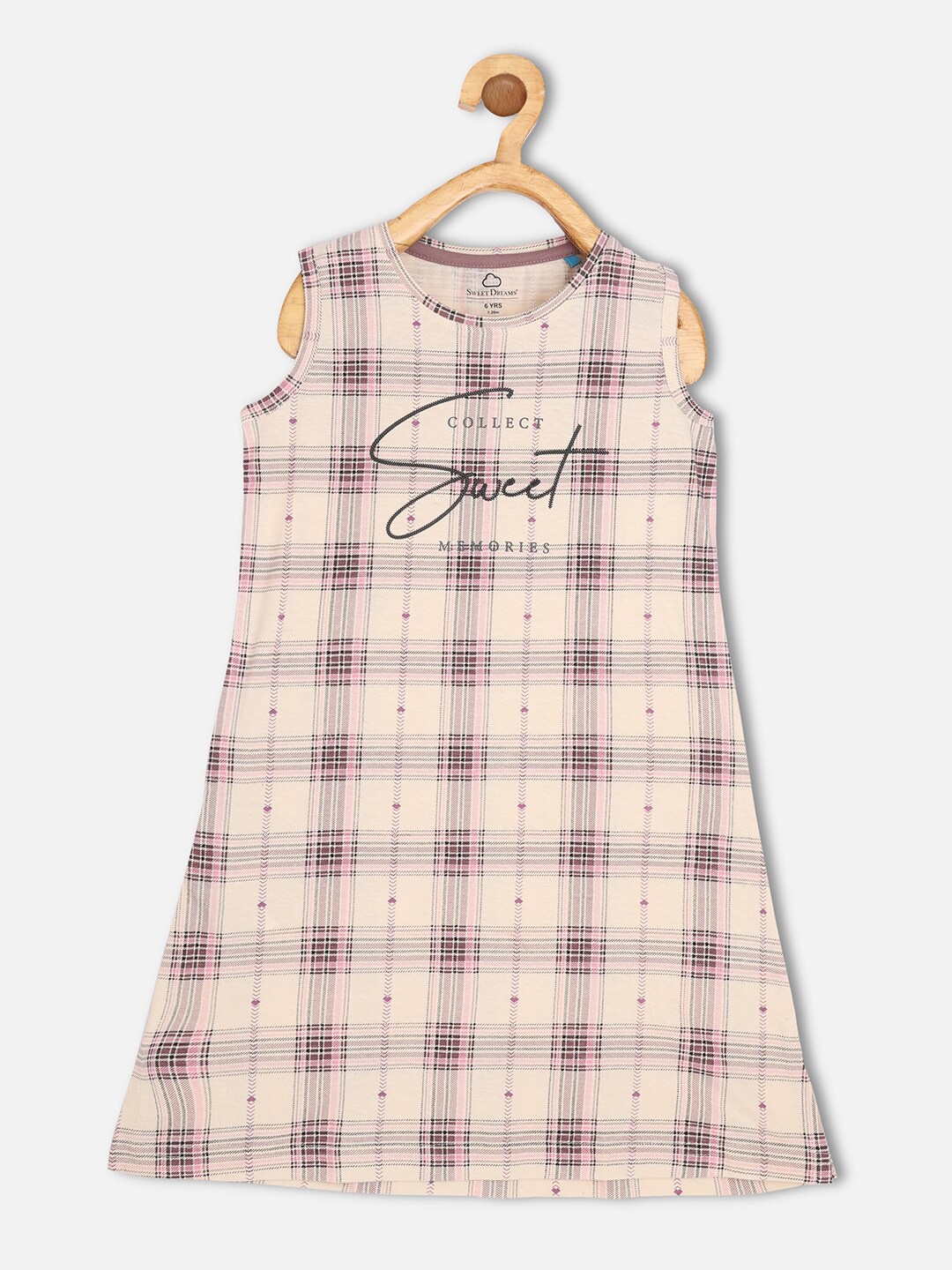 

Sweet Dreams Girls Checked Pure Cotton Nightdress, Beige