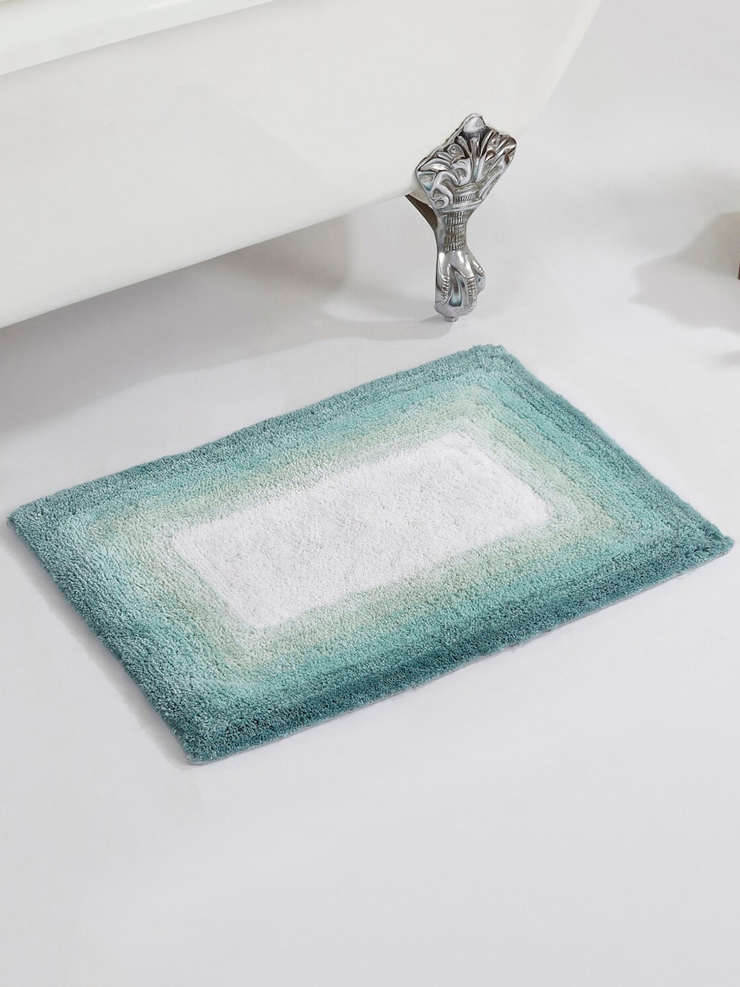 Home Centre Corsica Blue & White Textured 1450 GSM Cotton Rectangular Bath Rugs