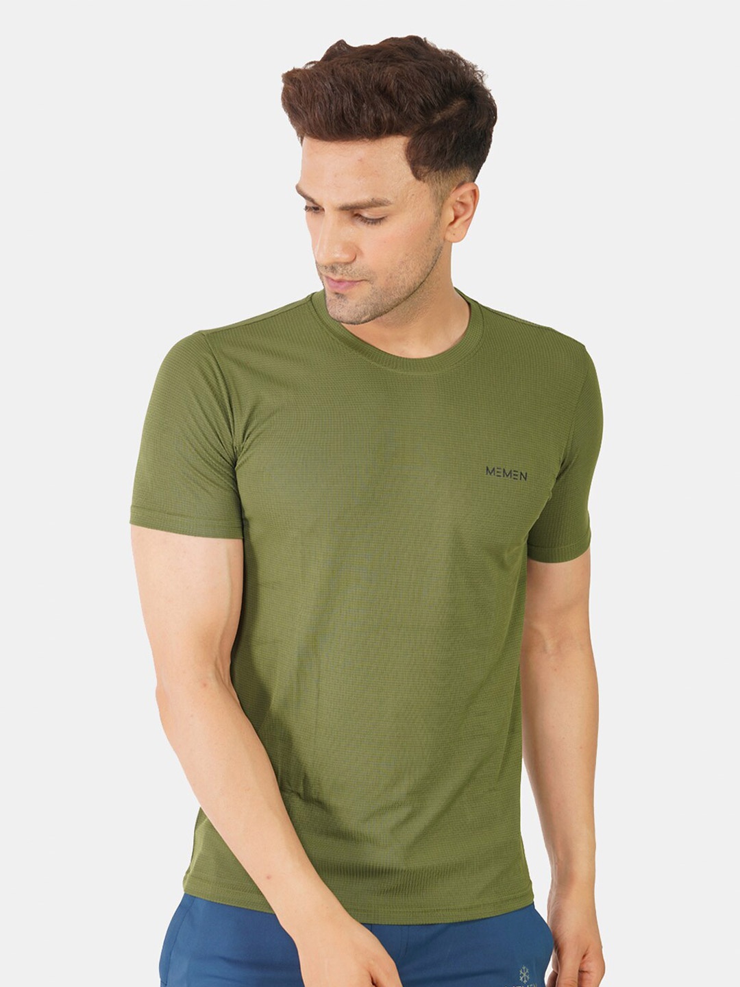 

MEMEN Men Round Neck Solid Olive Green T-shirt