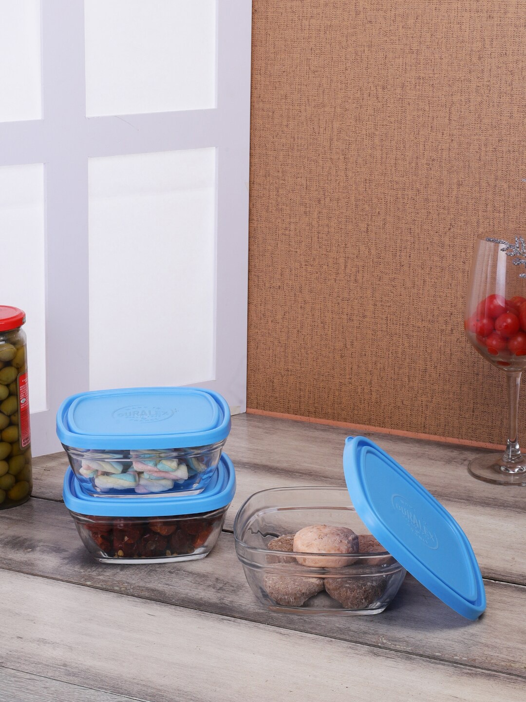 

DURALEX Set Of 3 Transparent & Blue Kitchen Storage With Lid