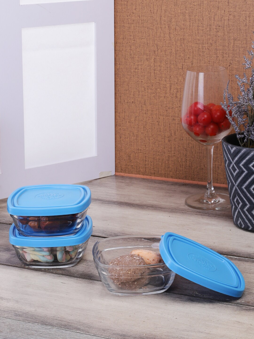 

DURALEX Transparent & Blue Set Of 3 Glass Food Containers With Lid