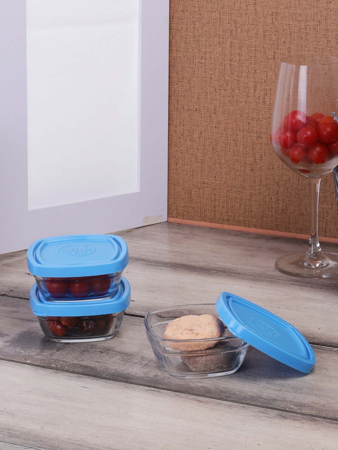 

DURALEX Blue Set Of 3 Square Glass Food Container With Lid 3.1 Ltr