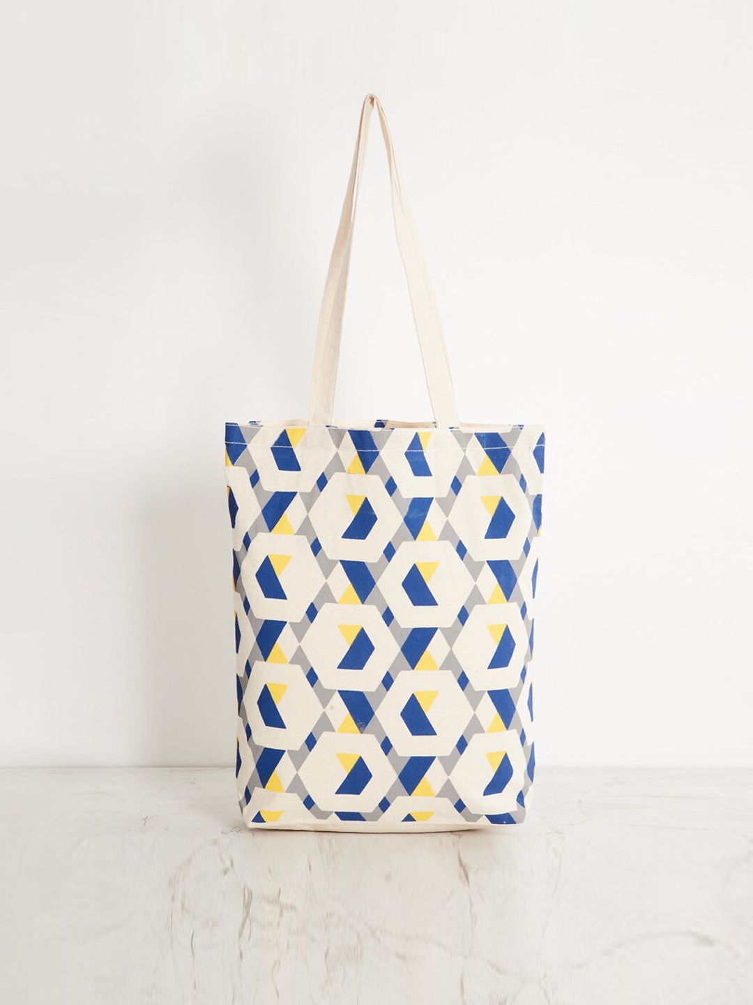 Home Centre White & Blue Geometric Printed Shopper Tote Bag