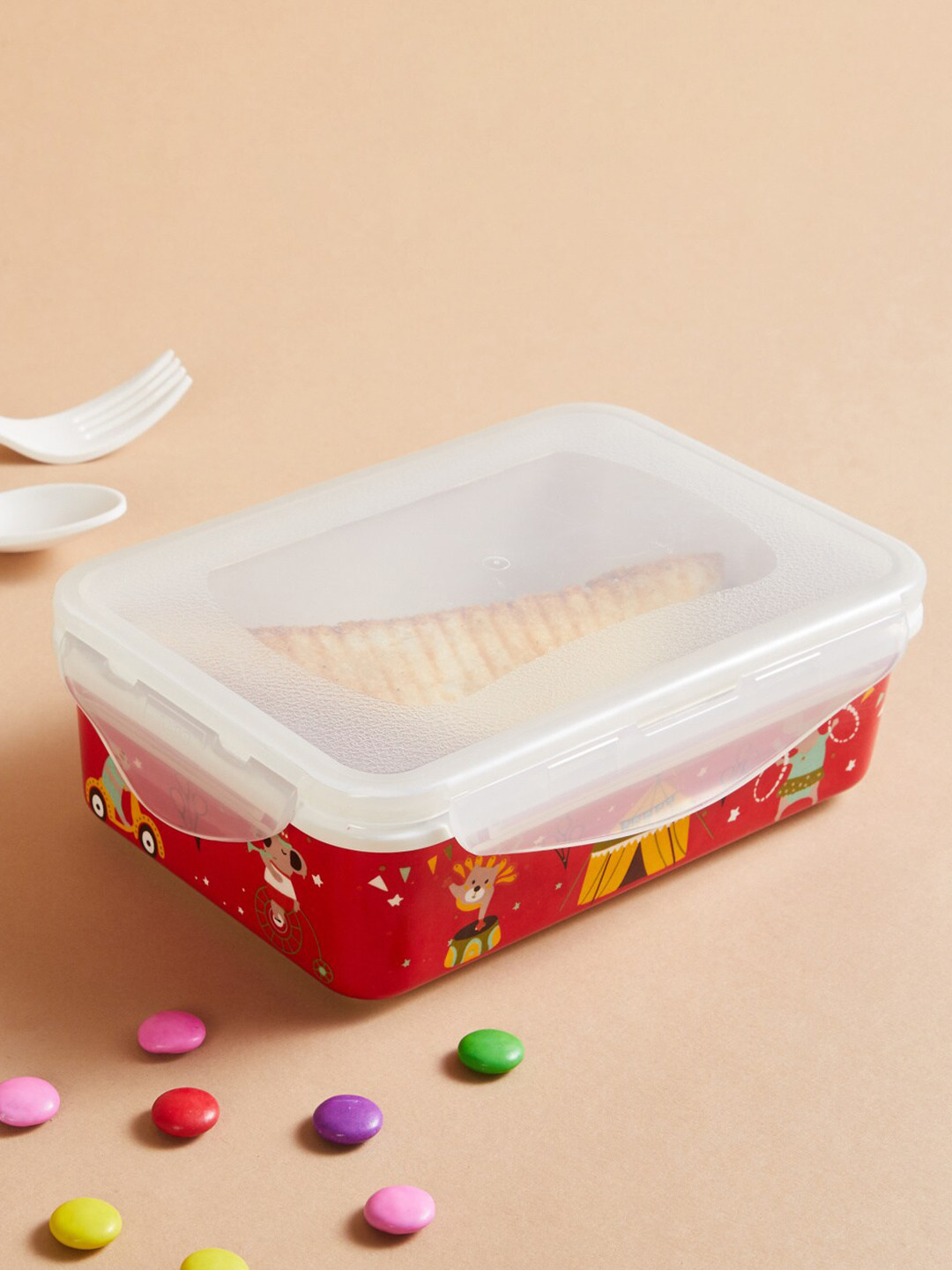 

Home Centre Glee Circus Red Printed Melamine Rectangular Lunch Box