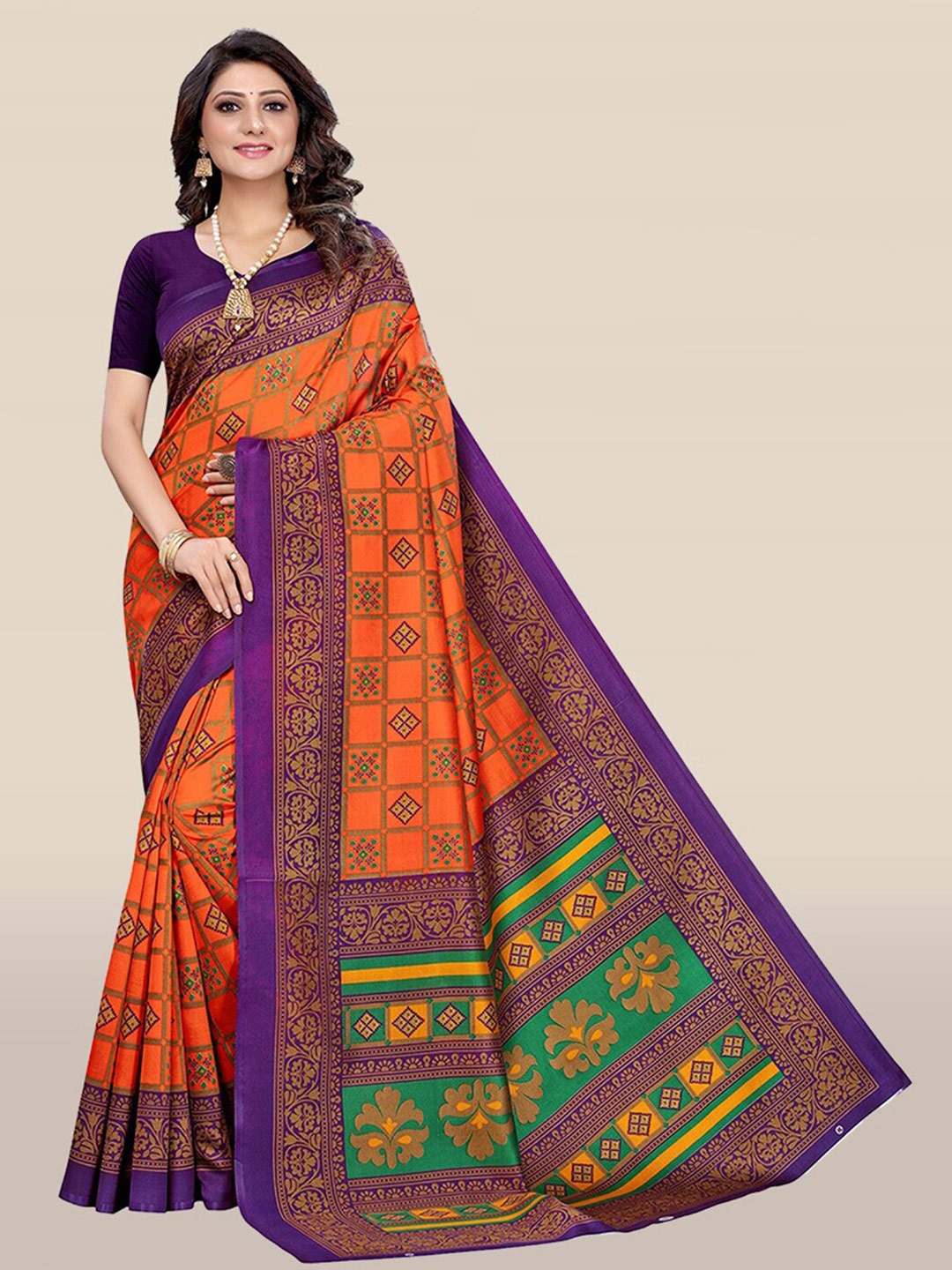 

KALINI Orange & Purple Geometric Printed Art Silk Saree