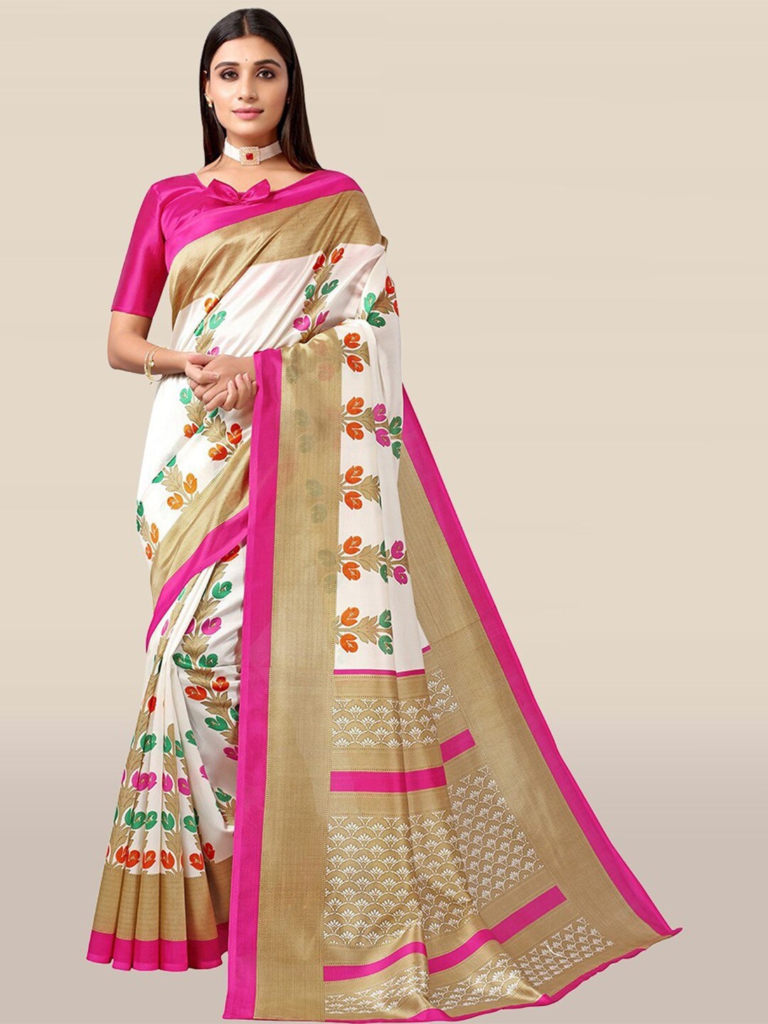 

KALINI White & Gold-Toned Floral Printed Art Silk Saree