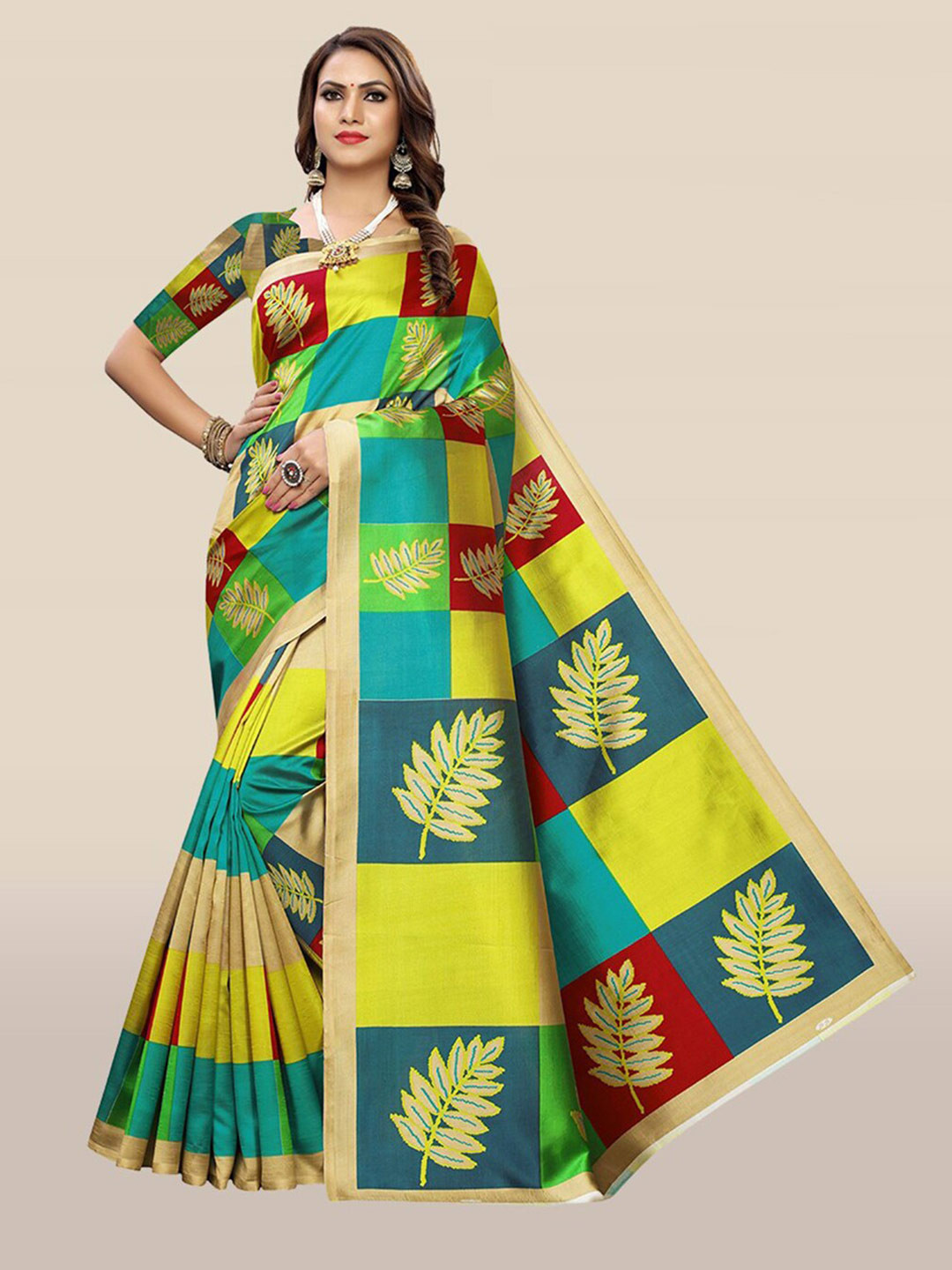 

KALINI Green & Blue Floral Printed Art Silk Saree