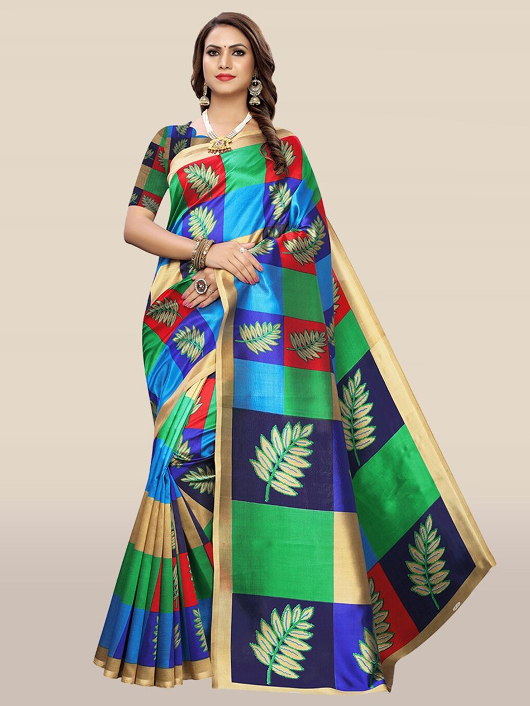 

KALINI Blue & Green Floral Printed Art Silk Saree