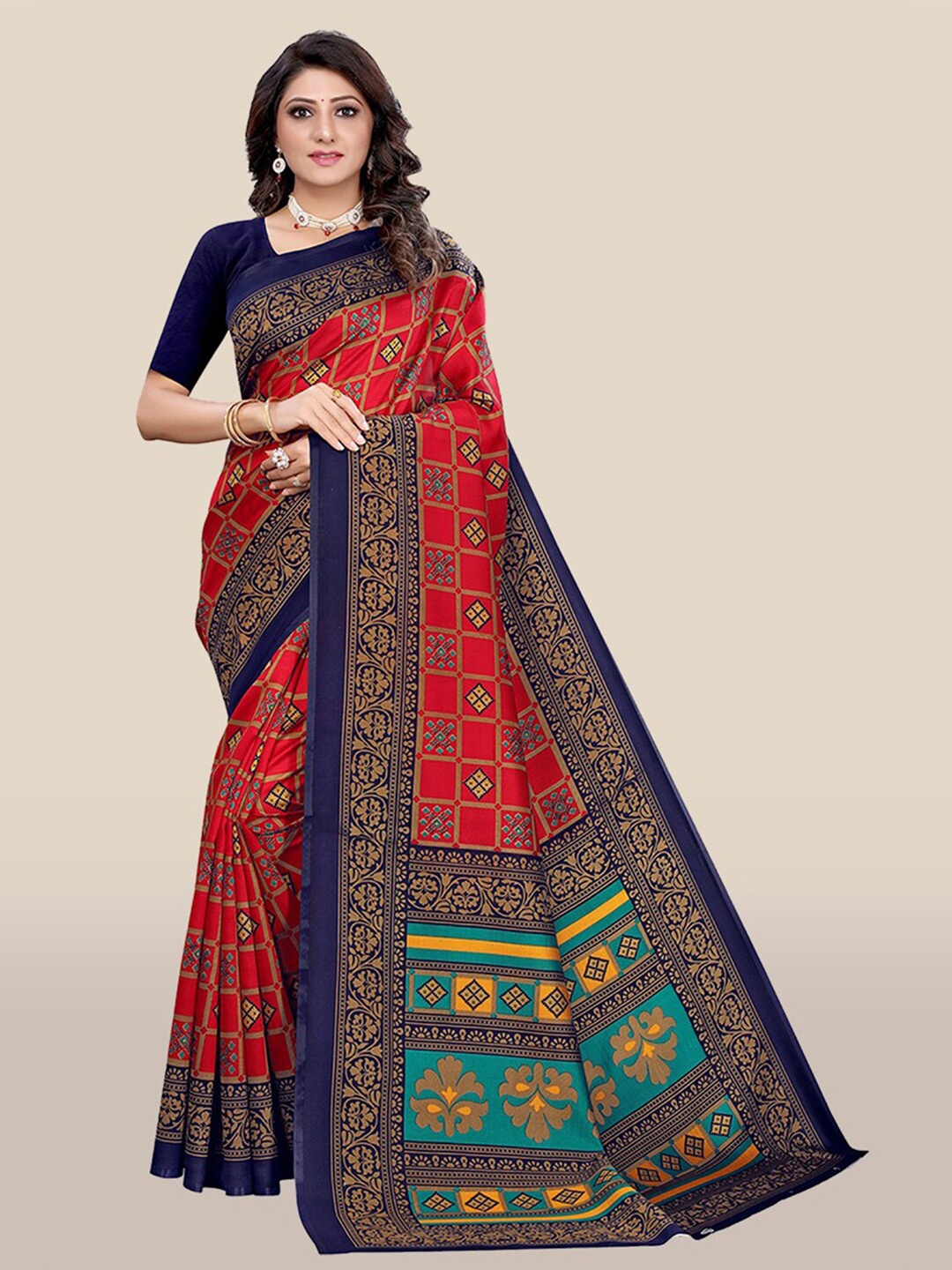 

KALINI Red & Blue Floral Printed Art Silk Saree