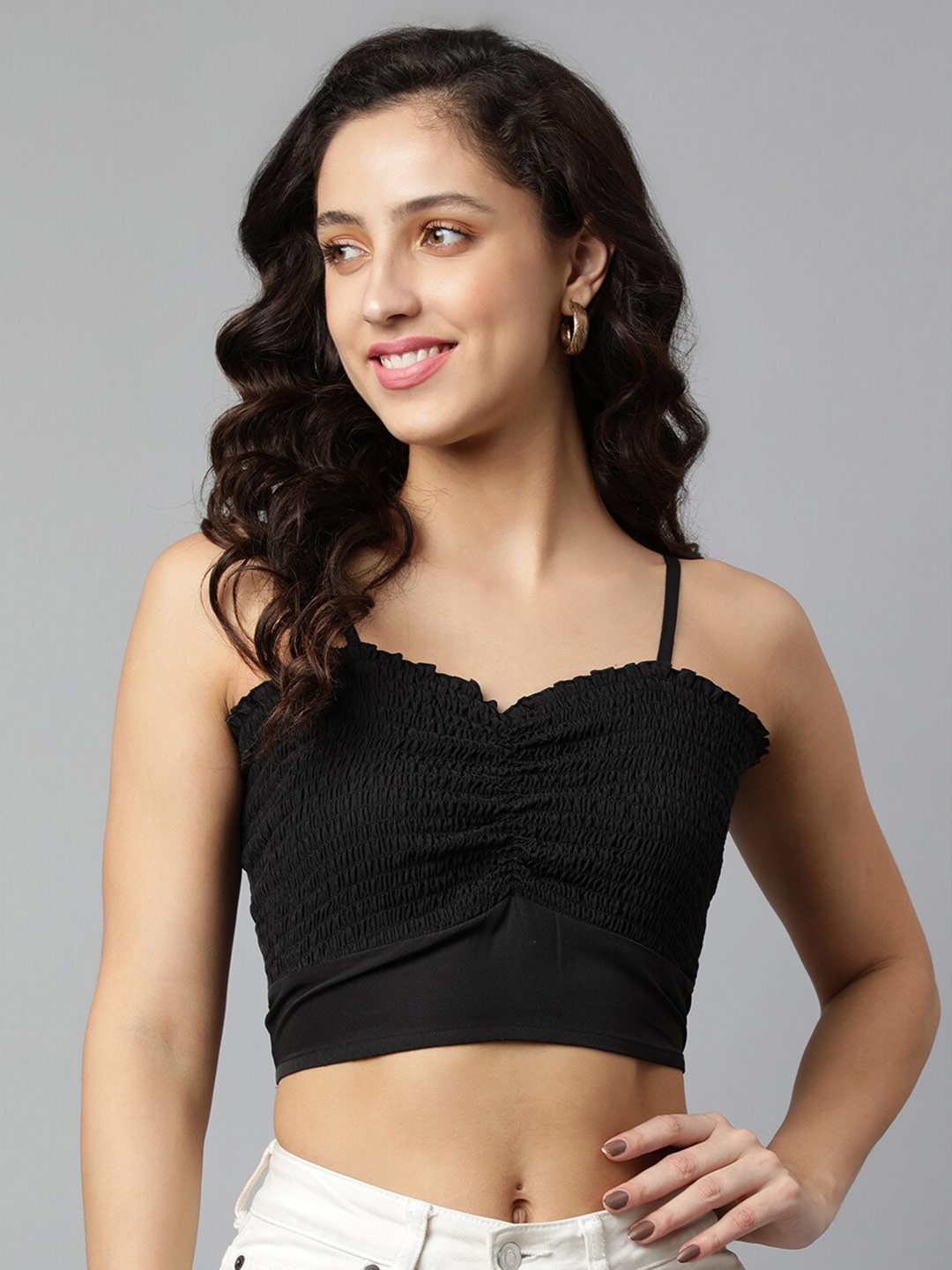 

DEEBACO Women Black Smocked Bralette Crop Top