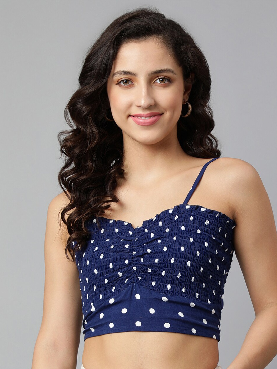 

DEEBACO Women Blue Smocking Polka Dot Print Bralette Crop Top
