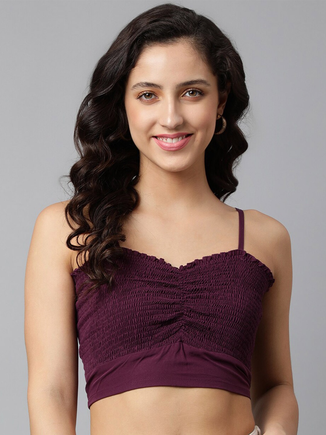 

DEEBACO Burgundy Smocked Fitted Crop Top