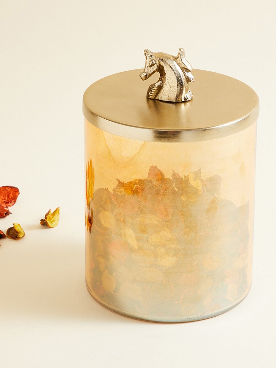 

Home Centre Tropical Gold-Toned Glass Textured Contemporary Horse Canister