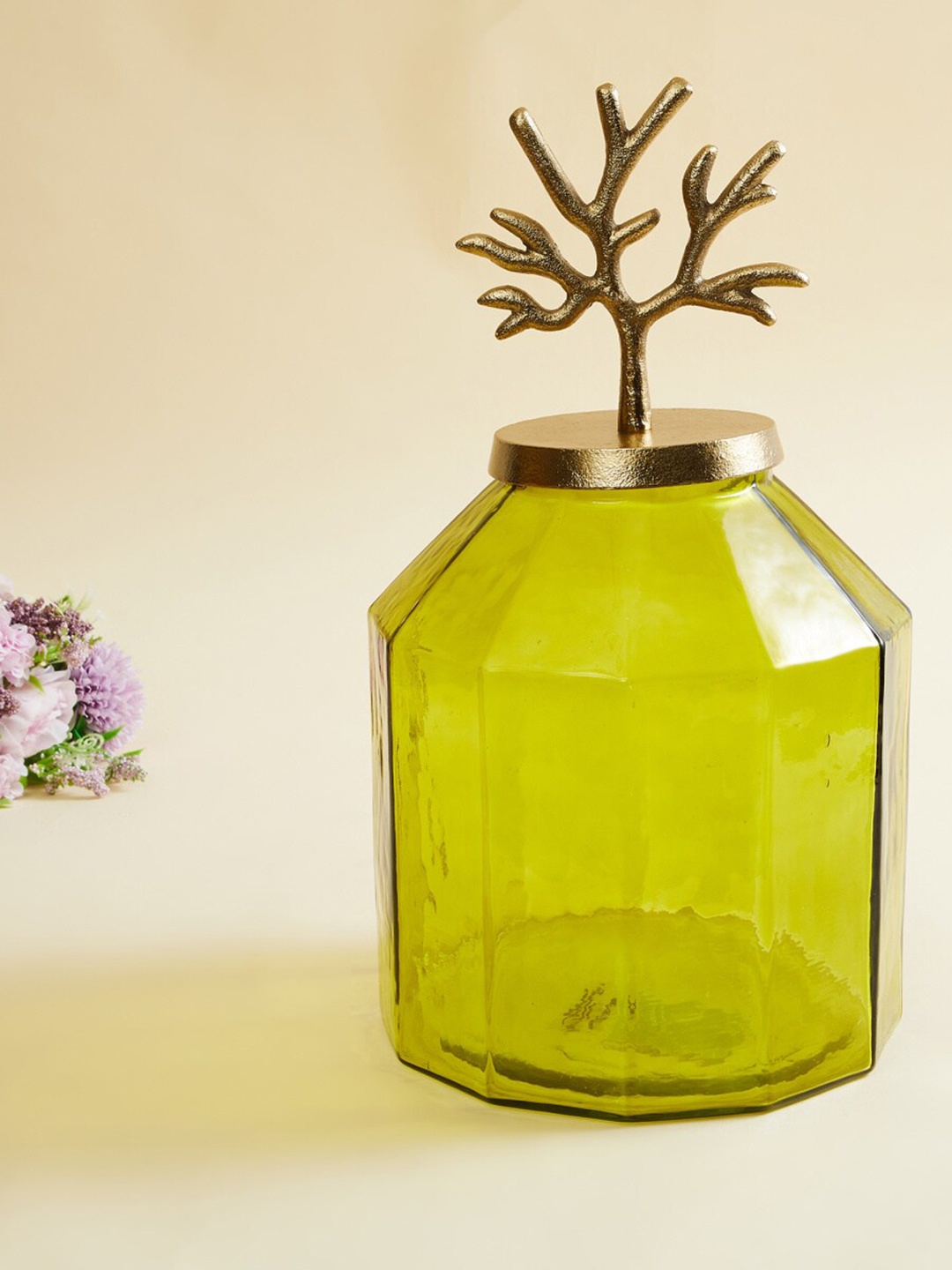 

Home Centre Splendid Green & Gold Toned Solid Ceramic Jar With Metal Lid