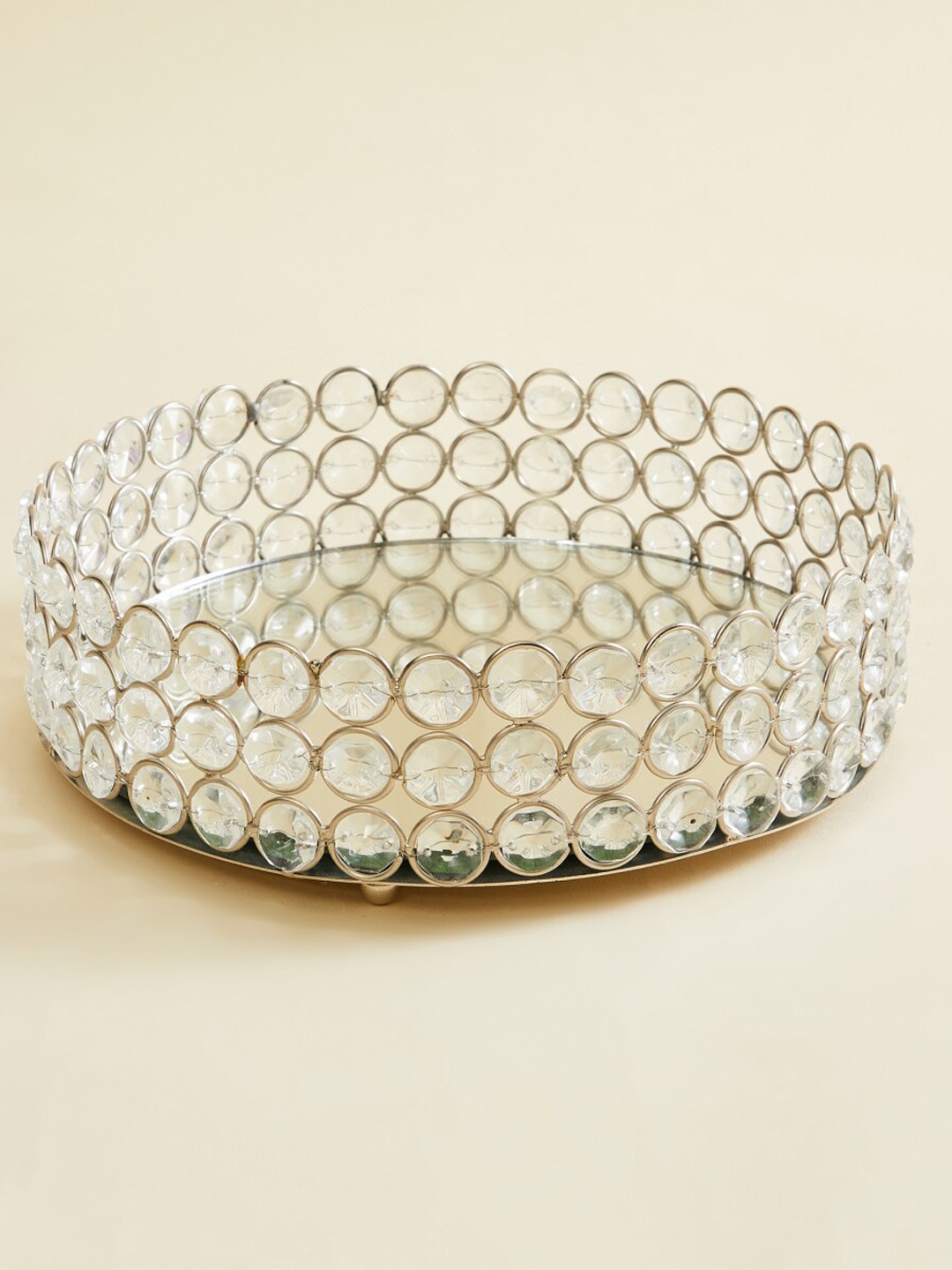 

Home Centre Silver-Toned Crystal Embellished Round Metal Decorative Tray