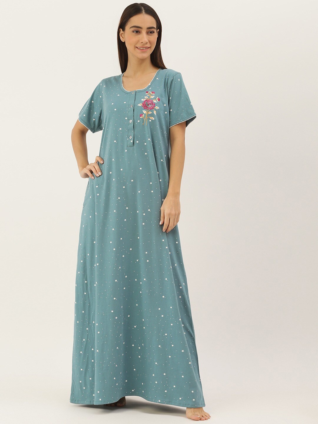 

Sweet Dreams Embroidered Maxi Pure Cotton Nightdress, Teal