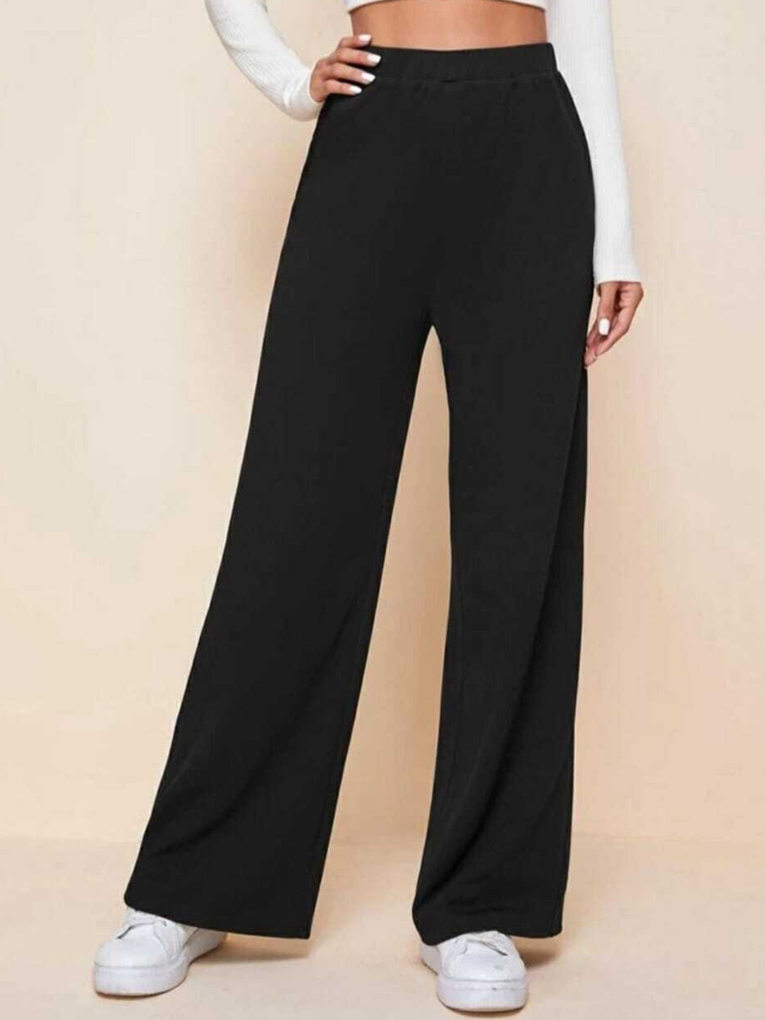 

Next One Women Black Relaxed Straight Leg Loose Fit High-Rise Stretchable Trousers