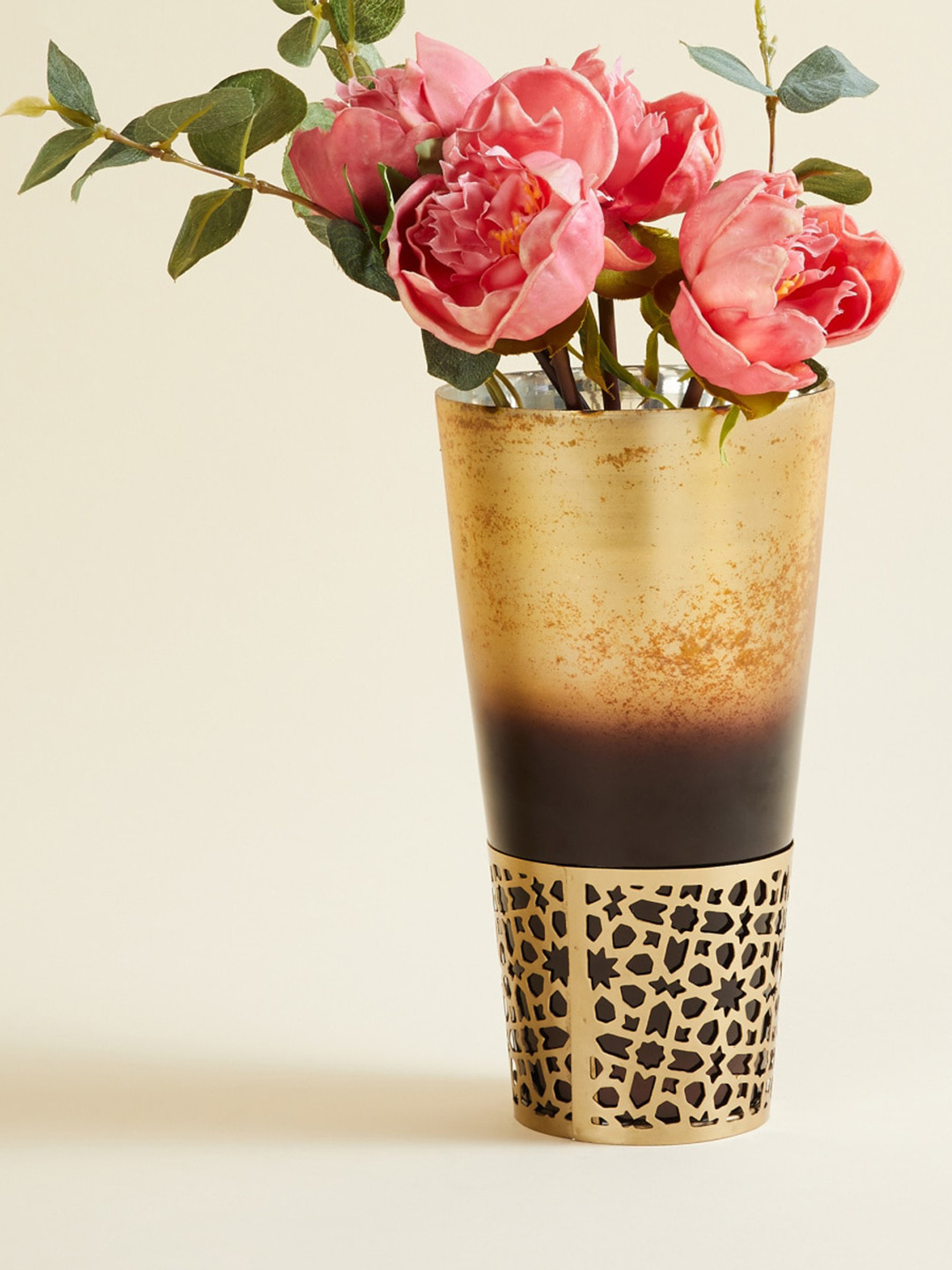 

Home Centre Gold-Toned & Brown Metal Narrow Floor Vase With Jaali Stand