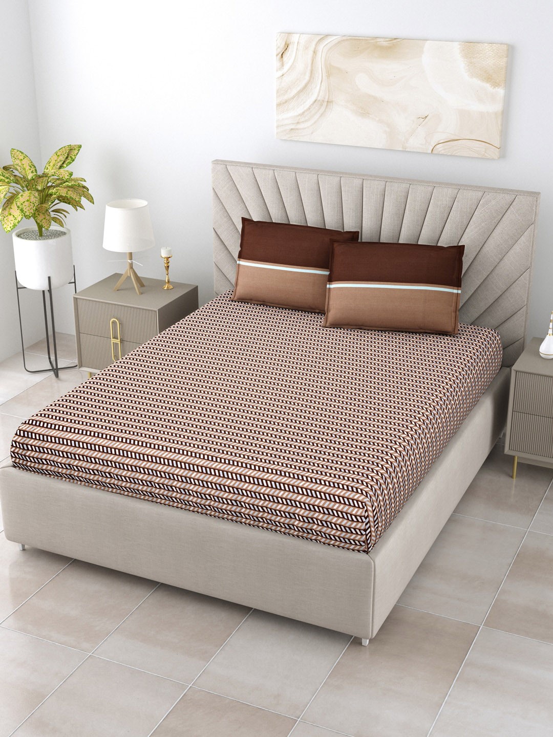 

Home Fresh Brown & Blue Geometric 144 TC Queen Bedsheet with 2 Pillow Covers
