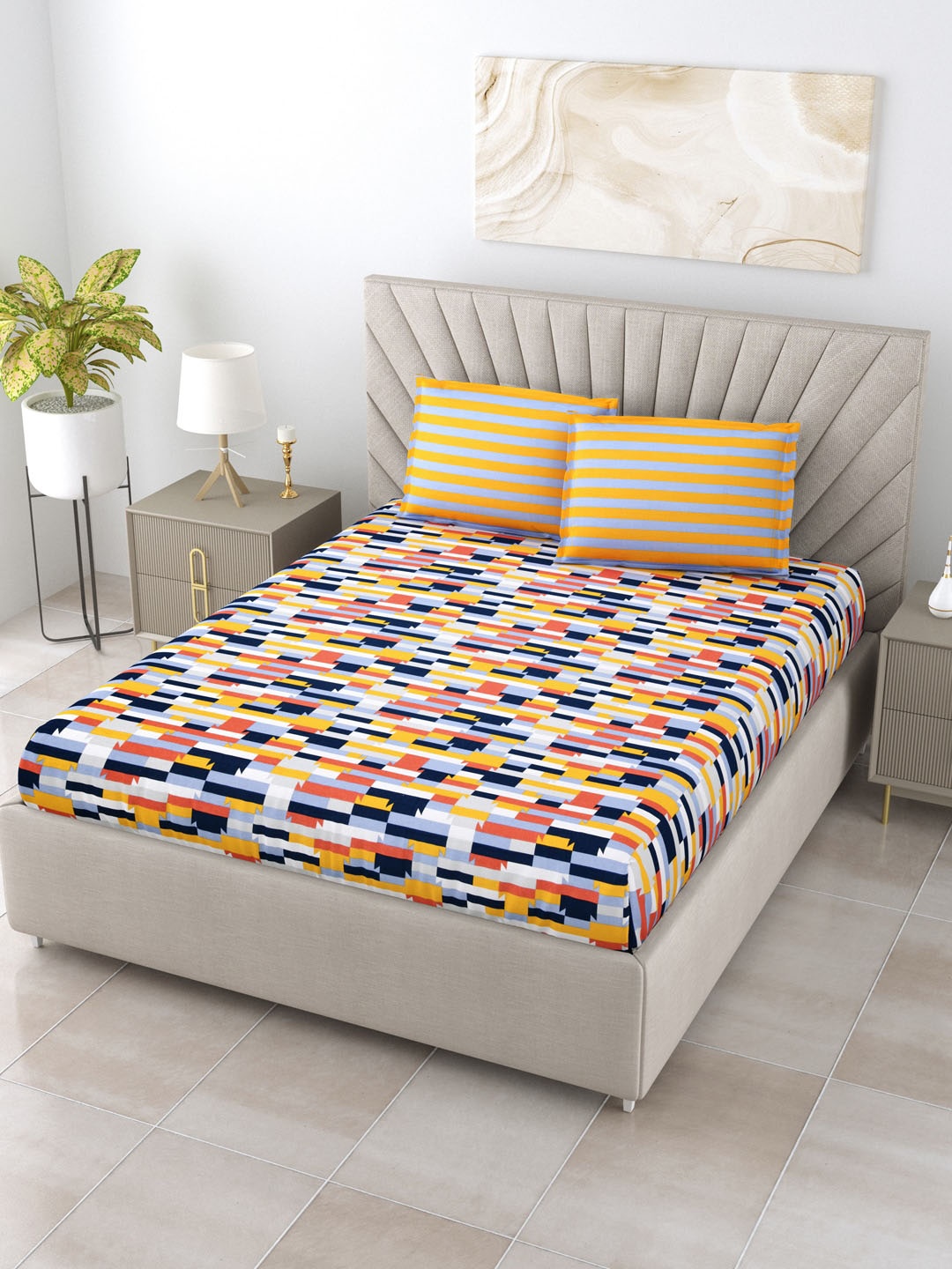 

Home Fresh Yellow & Blue Geometric 144 TC Queen Bedsheet with 2 Pillow Covers
