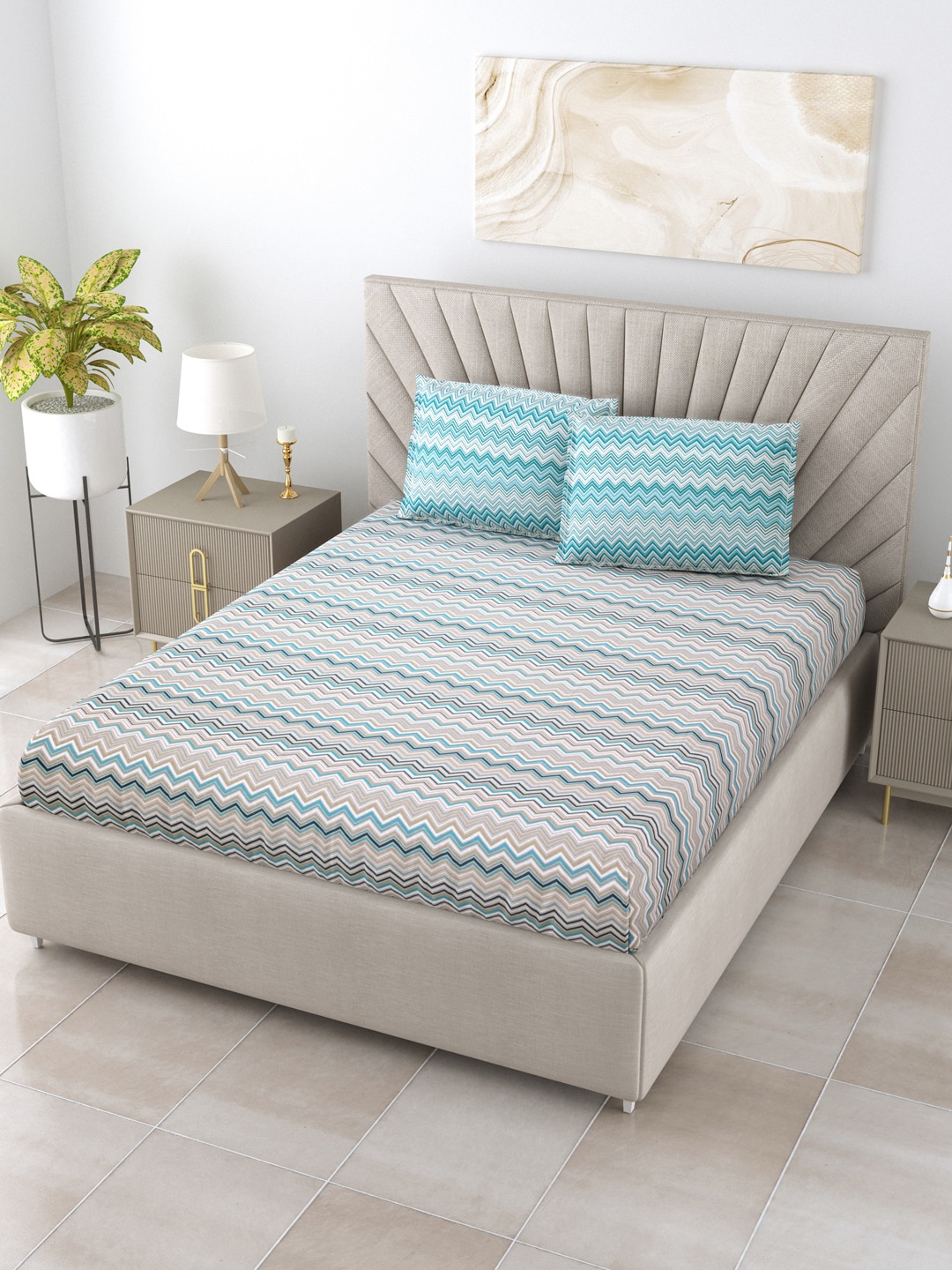 

Home Fresh Teal & Grey Geometric 144 TC Queen Bedsheet with 2 Pillow Covers