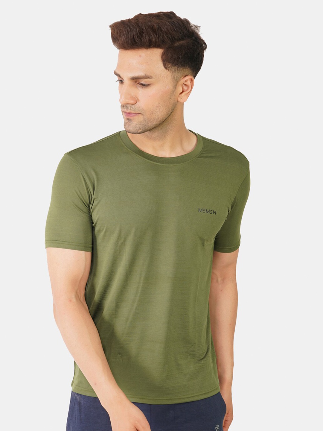 

MEMEN Men Round Neck Solid Olive Green T-shirt