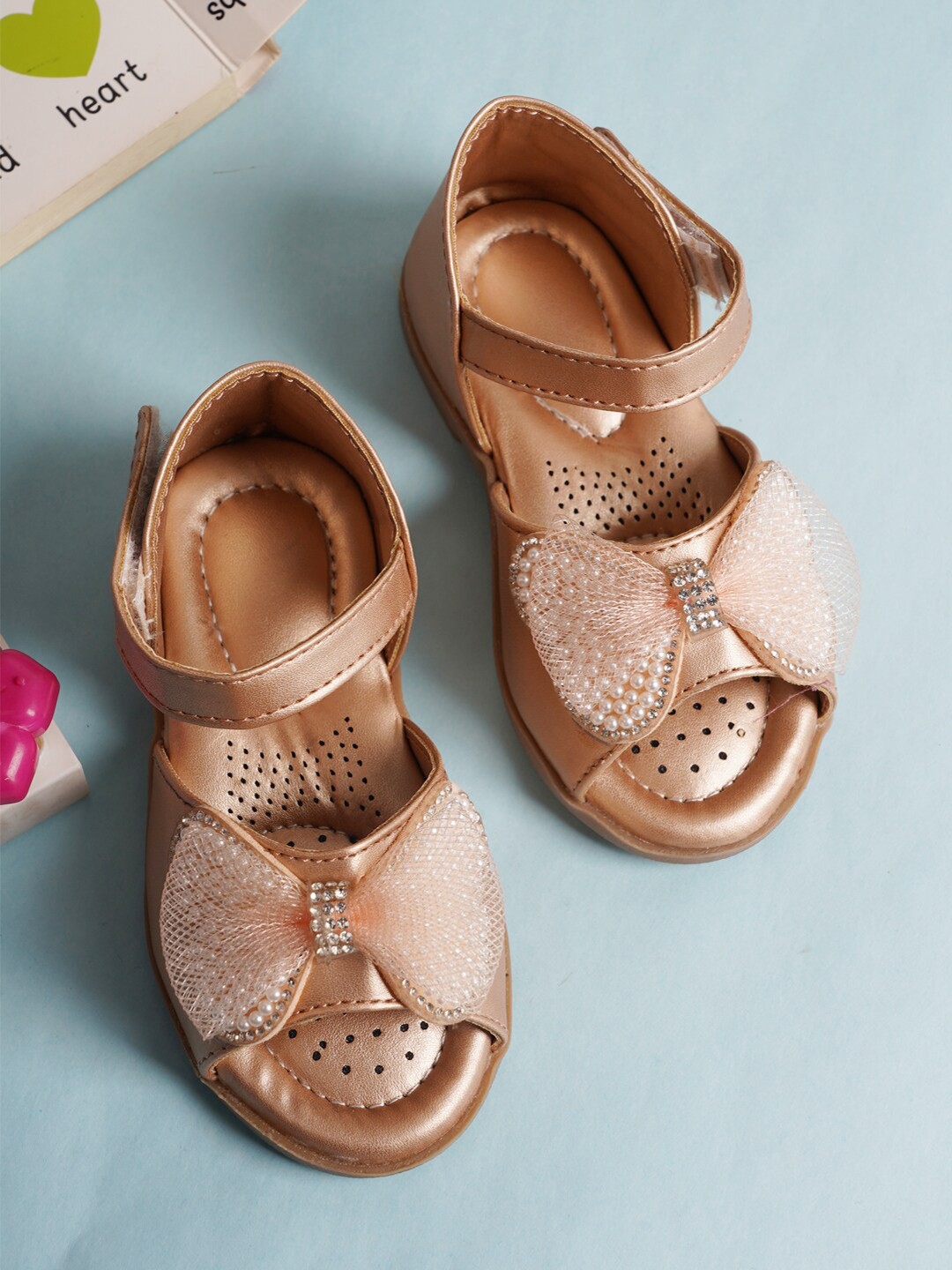 

Style Shoes Girls Embellished Open Toe Flats with Bows, Peach
